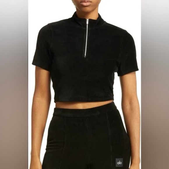 Alo Yoga Micro Corduroy Winter Break Mock Neck Short Sleeve Top Black Size XS - Picture 3 of 6